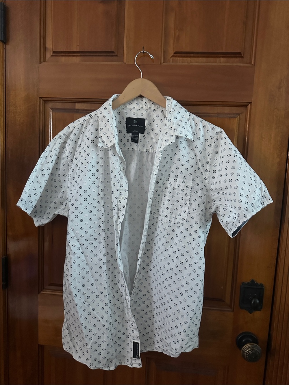 White Short-Sleeve Button-Down Shirt with Black Micro Print